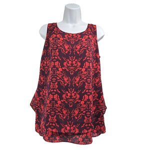 Cabi Womens Pullover Top Red Purple Floral Sleeveless Curtain Back Size M